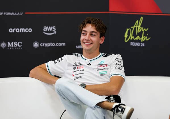 FORMULA ONE ABU DHABI GRAND PRIX 2025 George Russell 63 (GBR), Mercedes AMG Petronas W16 smiles Drivers press conference, PK, Pressekonferenz during Media Day at the Formula One Etihad Airways Abu Dhabi Grand Prix 2025 at the Yas Marina Circuit, Yas Island, United Arab Emirates on 4 December 2025 Credit: Phil Duncan Every Second Media Editorial use only. All images are copyright Every Second Media Limited. No images may be reproduced without prior permission. Copyright: xIMAGO EveryxSecondxMediax ESM-1689-0035 PhilxDuncanx xEveryxSecondxMediax