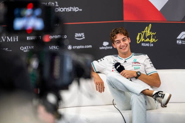 Abu Dhabi Grand Prix 2025 - Previews George Russell (Gbr) of Mercedes-AMG Petronas F1 Team 63 smiling on Thursday (Media day) during the Formula 1 Etihad Airways Abu Dhabi Grand Prix 2025 at the Yas Marina Circuit on December 4, 2025 . Photo by Photo by Antoine Lapeyre ABACAPRESS.COM Abu Dhabi United Arab Emirates  Copyright: xLapeyrexAntoine ABACAx