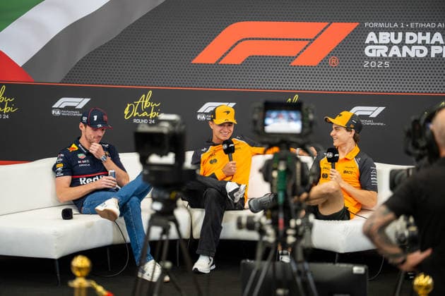 Abu Dhabi Grand Prix 2025 - Previews Lando Norris (Gbr) of McLaren Racing 4 and Oscar Piastri (Aus) of McLaren Racing 81 and Max Verstappen (Ned) of Oracle Red Bull Racing 1 in the press conference, PK, Pressekonferenz on Thursday (Media day) during the Formula 1 Etihad Airways Abu Dhabi Grand Prix 2025 at the Yas Marina Circuit on December 4, 2025 . Photo by Photo by Antoine Lapeyre ABACAPRESS.COM Abu Dhabi United Arab Emirates  Copyright: xLapeyrexAntoine ABACAx