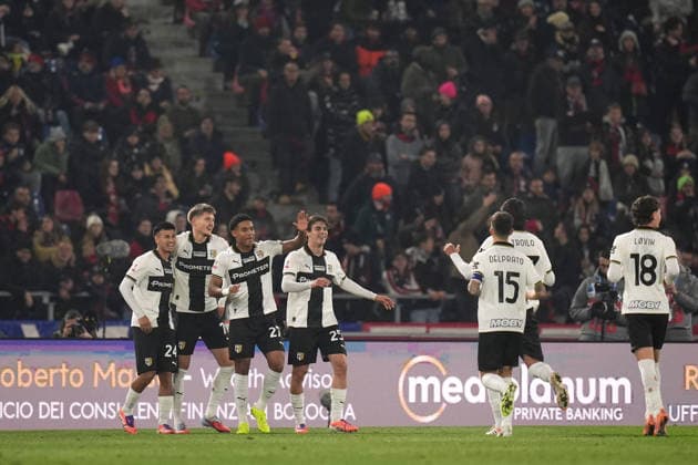 Parma s Adrian Benedyczak celebrates after scoring the 0-1 goal for his team during the round of 16 Frecciarossa Italian Cup 2025 2026 soccer match between Bologna and Parma at Renato DallÕAra Stadium in Bologna, North Italy, Thursday, December 4, 2025. Soccer  Copyright: xMassimoxPaolone LaPressex