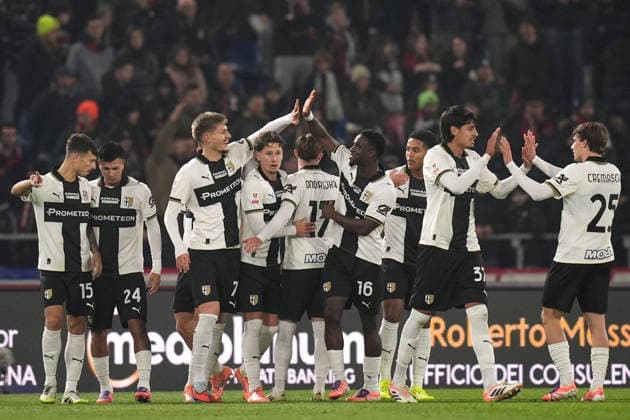 Parma s Adrian Benedyczak celebrates after scoring the 0-1 goal for his team during the round of 16 Frecciarossa Italian Cup 2025 2026 soccer match between Bologna and Parma at Renato DallÕAra Stadium in Bologna, North Italy, Thursday, December 4, 2025. Soccer  Copyright: xMassimoxPaolone LaPressex