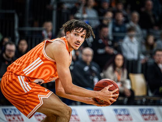 Alec Anigbata (ratiopharm ulm) controls the Ball during the Basketball Eurocup match between ratiopharm ulm and Dolomiti Energia Trento at ratiopharm Arena on December 4, 2025 in Neu-Ulm, Germany. (Photo by Harry Langer DeFodi Images)