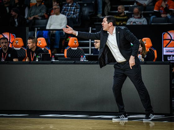 Head Coach Ty Harrelson (ratiopharm ulm) gestures during the Basketball Eurocup match between ratiopharm ulm and Dolomiti Energia Trento at ratiopharm Arena on December 4, 2025 in Neu-Ulm, Germany. (Photo by Harry Langer DeFodi Images)