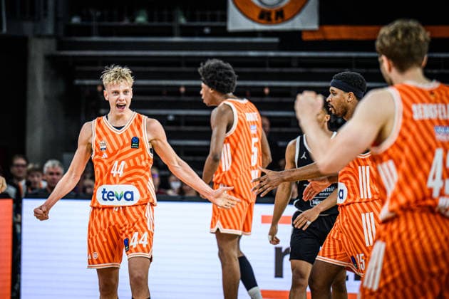 Teo Milicic (ratiopharm ulm) gestures during the Basketball Eurocup match between ratiopharm ulm and Dolomiti Energia Trento at ratiopharm Arena on December 4, 2025 in Neu-Ulm, Germany. (Photo by Harry Langer DeFodi Images)
