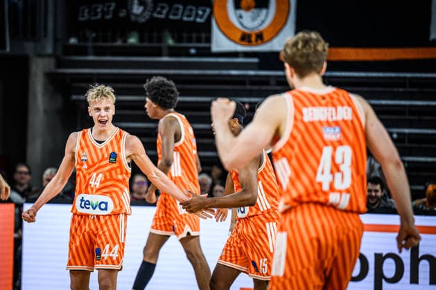 Teo Milicic (ratiopharm ulm) gestures during the Basketball Eurocup match between ratiopharm ulm and Dolomiti Energia Trento at ratiopharm Arena on December 4, 2025 in Neu-Ulm, Germany. (Photo by Harry Langer DeFodi Images)