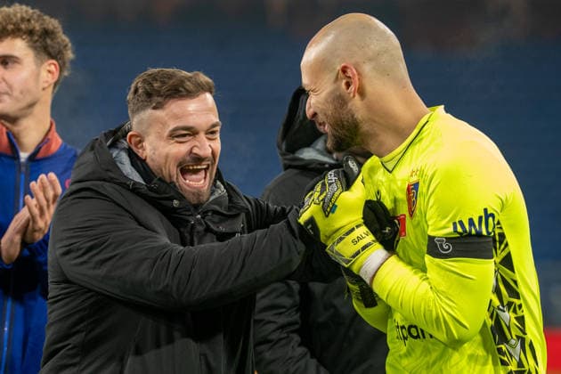 04 12 2025, Basel, St. Jakob-Park, Swiss Cup: FC Grand-Saconnex - FC Basel, Xherdan Shaqiri (10 Basel) and Mirko Salvi (13 Basel) after the game with good Mood Basel St. Jakob-Park Basel Switzerland Copyright: xJustPictures.ch PascalxvonxBürenx jp-en-PaVoB-_VB_5848-1