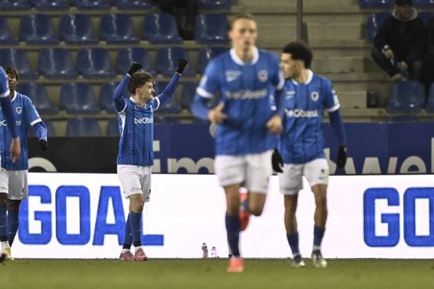 Genk s Konstantinos Kos Karetsas, scores 1-0 and during a soccer game between KRC Genk and RSC Anderlecht, in the 1 8 final of the Croky Cup Belgian cup, Thursday 04 December 2025 in Genk. JOHAN EYCKENS JohanxEyckens  x146510332x
