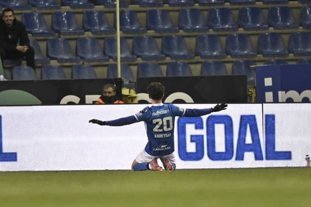 Genk s Konstantinos Kos Karetsas celebrates after scoring during a soccer game between KRC Genk and RSC Anderlecht, in the 1 8 final of the Croky Cup Belgian cup, Thursday 04 December 2025 in Genk. JOHAN EYCKENS JohanxEyckens  x146510567x