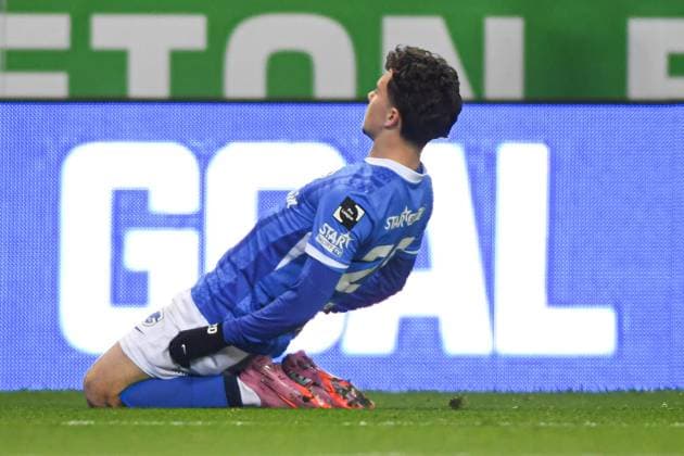 Genk s Konstantinos Kos Karetsas celebrates after scoring during a soccer game between KRC Genk and RSC Anderlecht, in the 1 8 final of the Croky Cup Belgian cup, Thursday 04 December 2025 in Genk. JILLxDELSAUX  x146511715x