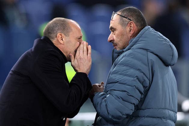 CALCIO - Coppa Italia - SS Lazio vs AC Milan Rome, Italy - December 4, 2025: Massimiliano Allegri coach of Milan greet with Maurizio Sarri of Lazio and talk warmly before the Coppa Italia 2025-2026 round of 16 - football match between SS Lazio vs AC Milan at Olympic Stadium. Rome Italy  Copyright: xIPAxSport ABACAx