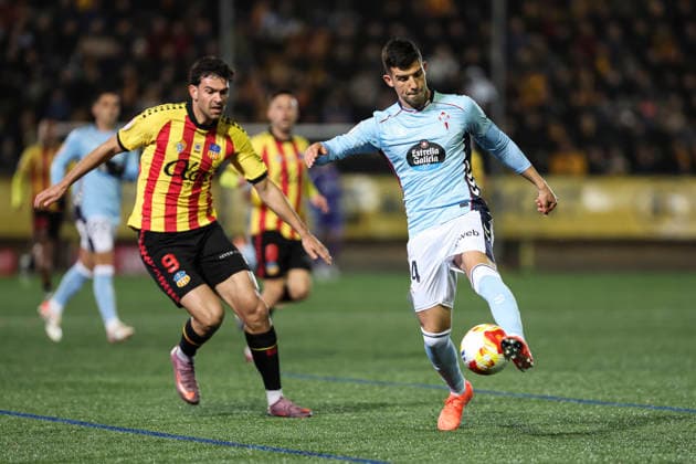 December 4, 2025, Barcelona, Barcelona, SPAIN: Carlos Dominguez of RC Celta de Vigo and Armand Valles of UE Sant Andreu in action during the Spanish Cup, Copa del Rey, second round football match played between UE Sant Andreu and RC Celta at Narcis Sala stadium on December 04, 2025 in Barcelona, Spain. Barcelona SPAIN - ZUMAa181 20251204_zaa_a181_051 Copyright: xJavierxBorregox