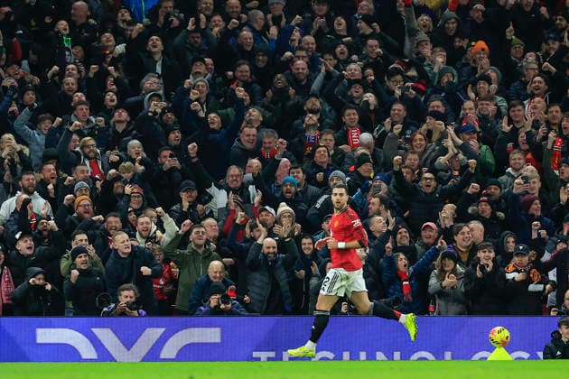 Manchester United, ManU v West Ham United Premier League 04 12 2025. Diogo Dalot (2) of Manchester United celebrates scoring to make it 1-0 during the Premier League match between Manchester United and West Ham United at Old Trafford, Manchester, England on 4 December 2025. Manchester Old Trafford Greater Manchester England Editorial use only DataCo restrictions apply See www.football-dataco.com , Copyright: xConorxMolloyx PSI-23335-0034