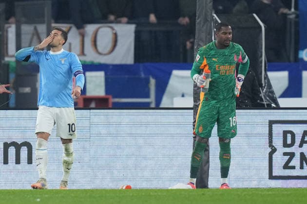 Lazio™s Mattia Zaccagni celebrates after scoring during the Frecciarossa Italian Cup 2025 2026 soccer match between Lazio and Milan at the Rome s Olympic stadium, Italy - Thursday December 04, 2025 - Soccer ( Photo by Alfredo Falcone LaPresse )  Copyright: xAlfredoxFalcone LaPressex