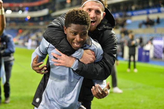 Anderlecht s players celebrate after winning a soccer game between KRC Genk and RSC Anderlecht, in the 1 8 final of the Croky Cup Belgian cup, Thursday 04 December 2025 in Genk. JILLxDELSAUX  x146548826x
