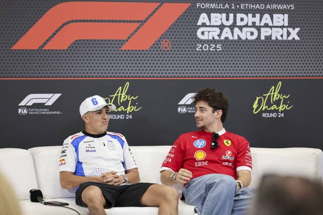 ABU DHABI, UNITED ARAB EMIRATES - DECEMBER 4: Isack Hadjar of France and Visa Cash App RB Formula One Team and Charles Leclerc of Monaco and Scuderia Ferrari attend the press conference, PK, Pressekonferenz during previews ahead of the F1 Grand Prix of Abu Dhabi at Yas Marina Circuit on December 4, 2025 in Abu Dhabi, United Arab Emirates. (Photo by Paddocker) Copyright: xQIANxJUNxMotorsportxMedia Paddocx Sportspressphoto_SPR70171