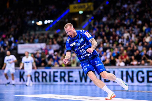 TVB Stuttgart - HSG Wetzlar Handball: 1. Bundesliga, Herren, Saison 2025 2026, TVB Stuttgart - HSG Wetzlar, Porsche Arena. Stuttgarts Patrick Zieker jubelt. Stuttgart Porsche Arena Baden-Württemberg Deutschland