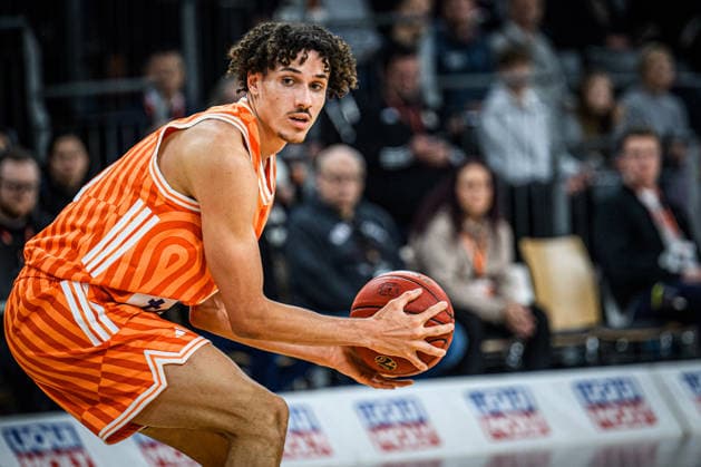 Alec Anigbata (ratiopharm ulm) controls the Ball during the Basketball Eurocup match between ratiopharm ulm and Dolomiti Energia Trento at ratiopharm Arena on December 4, 2025 in Neu-Ulm, Germany. (Photo by Harry Langer DeFodi Images)