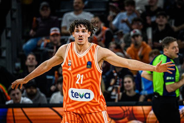 Alec Anigbata (ratiopharm ulm) gestures during the Basketball Eurocup match between ratiopharm ulm and Dolomiti Energia Trento at ratiopharm Arena on December 4, 2025 in Neu-Ulm, Germany. (Photo by Harry Langer DeFodi Images)