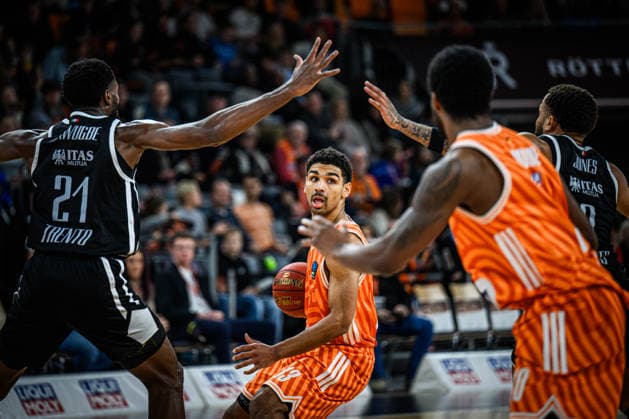 Selom Mawugbe (Dolomiti Energia Trento), Mark Smith (ratiopharm ulm), Malik Osborne (ratiopharm ulm) und Devante Jones (Dolomiti Energia Trento) battle for the ball during the Basketball Eurocup match between ratiopharm ulm and Dolomiti Energia Trento at ratiopharm Arena on December 4, 2025 in Neu-Ulm, Germany. (Photo by Harry Langer DeFodi Images)