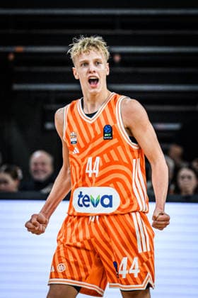 Teo Milicic (ratiopharm ulm) gestures during the Basketball Eurocup match between ratiopharm ulm and Dolomiti Energia Trento at ratiopharm Arena on December 4, 2025 in Neu-Ulm, Germany. (Photo by Harry Langer DeFodi Images)