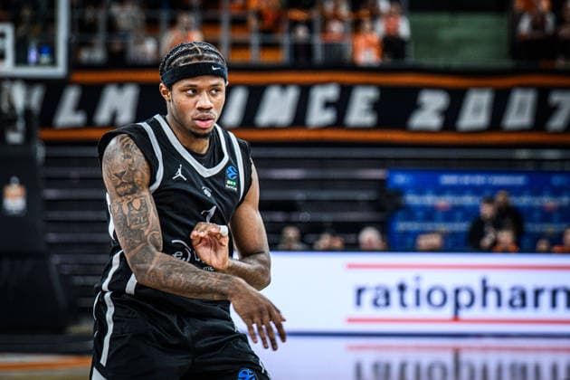 DJ Steward (Dolomiti Energia Trento) Looks on during the Basketball Eurocup match between ratiopharm ulm and Dolomiti Energia Trento at ratiopharm Arena on December 4, 2025 in Neu-Ulm, Germany. (Photo by Harry Langer DeFodi Images)