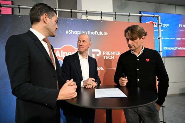 PC announcing Alpecin - Premier Tech - 05 12 2025 ANTWERPEN, BELGIUM - DECEMBER 05 : Roodhooft Christoph (BEL) Sports Director of Alpecin-Deceuninck, Roodhooft Philip (BEL) General manager of Alpecin-Deceuninck and Belanger Jean, President of Premier Tech talking to the press during a press conference, PK, Pressekonferenz announcing Premier Tech as new partner and transfer news in the Crelan - headquarters Antwerpen on December 05, 2025 in Antwerpen, Belgium, 05 12 2025 Antwerpen Belgium  Copyright: xNicoxVereeckenx