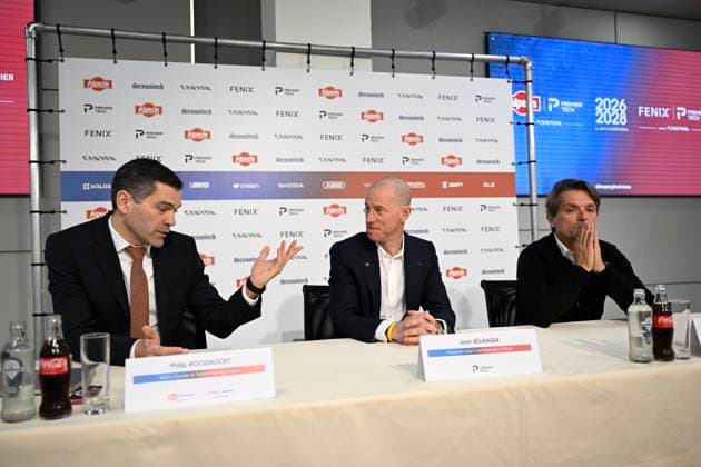 PC announcing Alpecin - Premier Tech - 05 12 2025 ANTWERPEN, BELGIUM - DECEMBER 05 : Roodhooft Christoph (BEL) Sports Director of Alpecin-Deceuninck, Roodhooft Philip (BEL) General manager of Alpecin-Deceuninck and Belanger Jean, President of Premier Tech talking to the press during a press conference, PK, Pressekonferenz announcing Premier Tech as new partner and transfer news in the Crelan - headquarters Antwerpen on December 05, 2025 in Antwerpen, Belgium, 05 12 2025 Antwerpen Belgium  Copyright: xNicoxVereeckenx