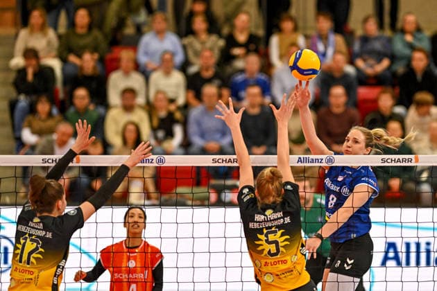 VBL Allianz MTV Stuttgart - VfB Suhl Lotto Thüringen 05.12.2025 VBL, Volleyball, 1. Bundesliga, Damen, Saison 2025 2026, Allianz MTV Stuttgart (in Blau), gegen VfB Suhl LOTTO Thüringen (in Gelb-Schwarz), Eleanor Holthaus 8 im Angriff gegen 5 Hannah Hartmann und 17 Alina Nasin, Copyright: xBEAUTIFULxSPORTS TomxBlochx