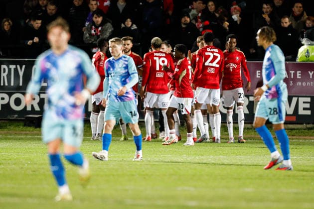 Salford City v Leyton Orient Emirates FA Cup Salford City players celebrate their teams first goal and y of Leyton Orient during the Emirates FA Cup match at Peninsula Stadium, Salford 05 12 2025 UK Newspapers OUT Copyright: xMaxxTomlinsonx FIL-22591-0122