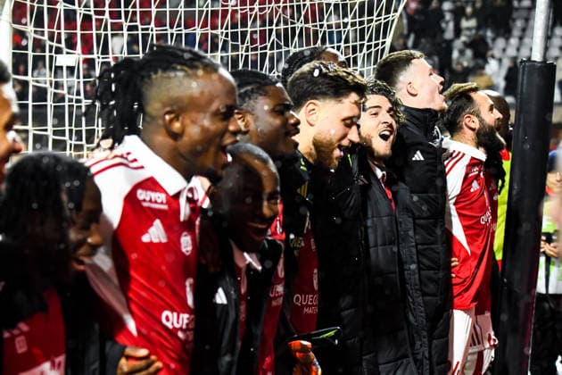 FOOTBALL : Stade Brestois 29 vs AS Monaco - Ligue 1 - JournÃ e 15 - 05 12 2025 Joie des joueurs de Brest apres la victoire contre Monaco BrestFrance  Copyright: xBaptistexAutissierx