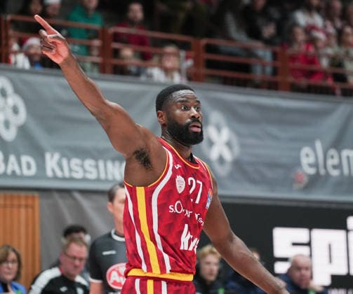 Im Bild: Eddy Edigin (Wuerzburg Baskets, 27) ist verwundert 05.12.2025, Basketball, Fitness First Wuerzburg Baskets vs. EWE Baskets Oldenburg, easyCredit BBL, 9. Spieltag, Deutschland, Wuerzburg, tectake-Arena, Copyright: HMBxMedia xPeterxRau