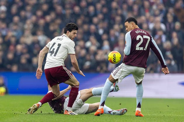 Aston Villa v Arsenal Premier League 06 12 2025. Arsenal midfielder Declan Rice (41) battles for possession with Aston Villa midfielder Morgan Rogers (27) during the Premier League match between Aston Villa and Arsenal at Villa Park, Birmingham, England on 6 December 2025. Birmingham Villa Park West Midlands England Editorial use only DataCo restrictions apply See www.football-dataco.com , Copyright: xManjitxNarotrax PSI-23350-0006