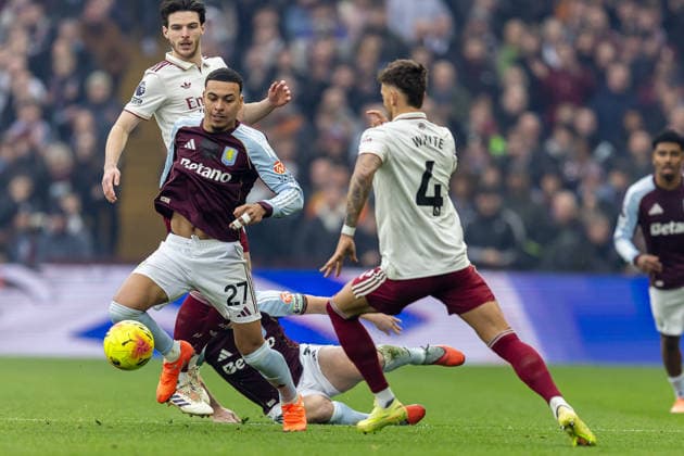 Aston Villa v Arsenal Premier League 06 12 2025. Aston Villa midfielder Morgan Rogers (27) battles for possession during the Premier League match between Aston Villa and Arsenal at Villa Park, Birmingham, England on 6 December 2025. Birmingham Villa Park West Midlands England Editorial use only DataCo restrictions apply See www.football-dataco.com , Copyright: xManjitxNarotrax PSI-23350-0008