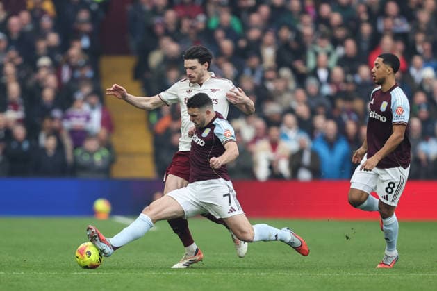 Birmingham, England, 6th December 2025. John McGinn of Aston Villa tackles Declan Rice of Arsenal during the Aston Villa vs Arsenal Premier League match at Villa Park, Birmingham. Picture credit should read: Gareth Evans Sportimage EDITORIAL USE ONLY. No use with unauthorised audio, video, data, fixture lists, club league logos or live services. Online in-match use limited to 120 images, no video emulation. No use in betting, games or single club league player publications. SPI_024_GE_ASTONVILLA_ARSENAL SPI-4350-0025