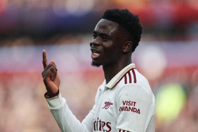 Birmingham, England, 6th December 2025. Bukayo Saka of Arsenal reacts during the Aston Villa vs Arsenal Premier League match at Villa Park, Birmingham. Picture credit should read: Gareth Evans Sportimage EDITORIAL USE ONLY. No use with unauthorised audio, video, data, fixture lists, club league logos or live services. Online in-match use limited to 120 images, no video emulation. No use in betting, games or single club league player publications. SPI_035_GE_ASTONVILLA_ARSENAL SPI-4350-0036