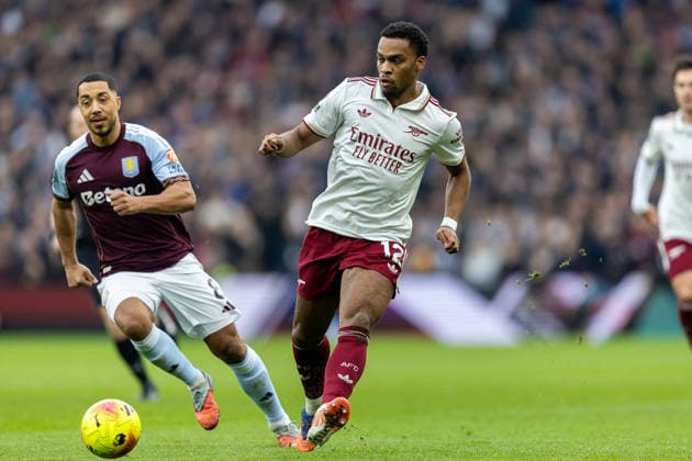 Aston Villa v Arsenal Premier League 06 12 2025. Arsenal defender Jurrien Timber (12) plays a pass back during the Premier League match between Aston Villa and Arsenal at Villa Park, Birmingham, England on 6 December 2025. Birmingham Villa Park West Midlands England Editorial use only DataCo restrictions apply See www.football-dataco.com , Copyright: xManjitxNarotrax PSI-23350-0037