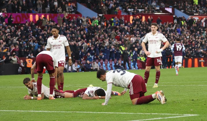 Arsenal dejection after Emiliano Buendia (AV) scored the winning goal for Aston Villa (2-1) at the Aston Villa v Arsenal EPL match, at Villa Park, Birmingham, UK on 6th December, 2025. 
