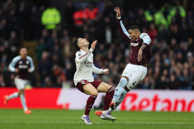 Birmingham, England, 6th December 2025. Gabriel Martinelli of Arsenal fouls Ezri Konsa of Aston Villa during the Aston Villa vs Arsenal Premier League match at Villa Park, Birmingham. Picture credit should read: Gareth Evans Sportimage EDITORIAL USE ONLY. No use with unauthorised audio, video, data, fixture lists, club league logos or live services. Online in-match use limited to 120 images, no video emulation. No use in betting, games or single club league player publications. SPI_054_GE_ASTONVILLA_ARSENAL SPI-4350-0055