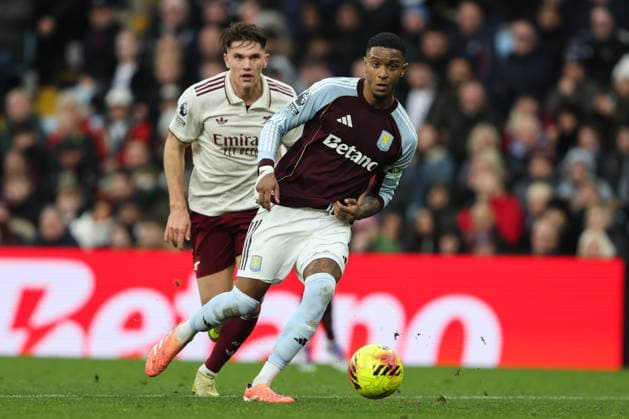 Birmingham, England, 6th December 2025. Ezri Konsa of Aston Villa passes the ball during the Aston Villa vs Arsenal Premier League match at Villa Park, Birmingham. Picture credit should read: Gareth Evans Sportimage EDITORIAL USE ONLY. No use with unauthorised audio, video, data, fixture lists, club league logos or live services. Online in-match use limited to 120 images, no video emulation. No use in betting, games or single club league player publications. SPI_056_GE_ASTONVILLA_ARSENAL SPI-4350-0057