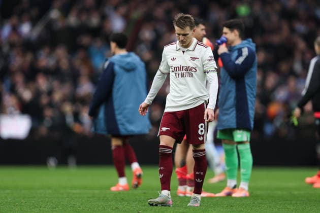 Birmingham, England, 6th December 2025. Martin odegaard of Arsenal reacts to his team s loss after the Aston Villa vs Arsenal Premier League match at Villa Park, Birmingham. Picture credit should read: Gareth Evans Sportimage EDITORIAL USE ONLY. No use with unauthorised audio, video, data, fixture lists, club league logos or live services. Online in-match use limited to 120 images, no video emulation. No use in betting, games or single club league player publications. SPI_059_GE_ASTONVILLA_ARSENAL SPI-4350-0060