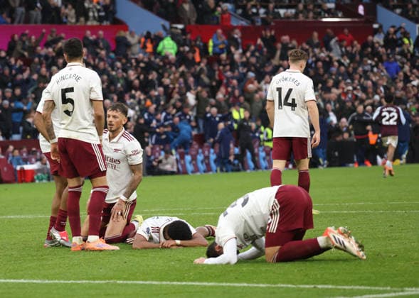 Arsenal dejection after Emiliano Buendia (AV) scored the winning goal for Aston Villa (2-1) at the Aston Villa v Arsenal EPL match, at Villa Park, Birmingham, UK on 6th December, 2025. 