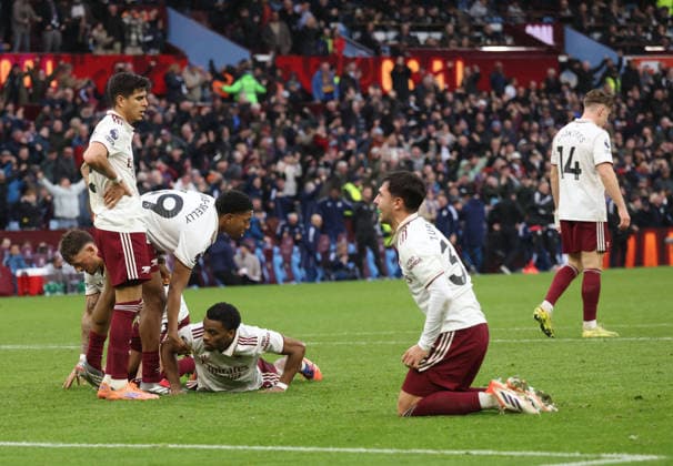 Arsenal dejection after Emiliano Buendia (AV) scored the winning goal for Aston Villa (2-1) at the Aston Villa v Arsenal EPL match, at Villa Park, Birmingham, UK on 6th December, 2025. 