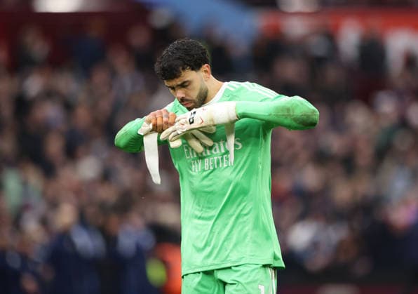 David Raya (A) dejection at the final whistle at the Aston Villa v Arsenal EPL match, at Villa Park, Birmingham, UK on 6th December, 2025. 