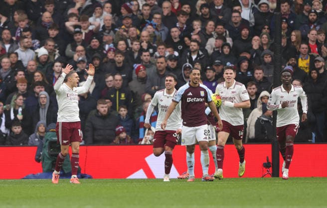 Leandro Trossard (A) celebrates scoring the Arsenal goal (1-1) at the Aston Villa v Arsenal EPL match, at Villa Park, Birmingham, UK on 6th December, 2025. 