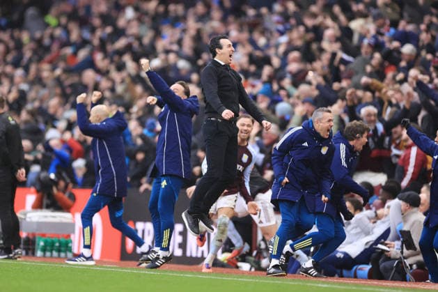 Football - Premier League - Aston Villa v Arsenal 6th December 2025 - Premier League - Aston Villa v Arsenal - Aston Villa manager Unai Emery celebrates their late winner - Photo: Simon Stacpoole Offside. Birmingham UK Copyright: xSimonxStacpoolexOffside