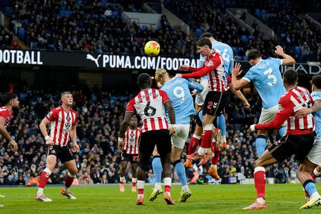 Manchester, England, 6th December 2025. Josko Gvardiol of Manchester City scores to make it 2-0 during the Manchester City vs Sunderland Premier League match at the Etihad Stadium, Manchester. Picture credit should read: Andrew Yates Sportimage EDITORIAL USE ONLY. No use with unauthorised audio, video, data, fixture lists, club league logos or live services. Online in-match use limited to 120 images, no video emulation. No use in betting, games or single club league player publications. SPI_023_AY_Man_City_Sunderland SPI-4351-0023