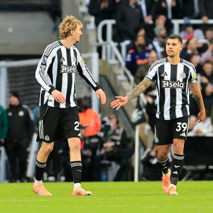 Newcastle United v Burnley Premier League Bruno Guimar‹es of Newcastle United (right) celebrates scoring his teams first goal with Nick Woltemade of Newcastle United during the Premier League match at St. James s Park, Newcastle 06 12 2025 UK Newspapers OUT Copyright: xFredxPalmerx FIL-22605-0066
