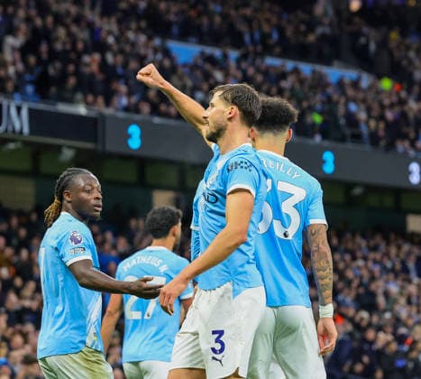 6th December 2025; Etihad Stadium, Manchester, Lancashire, England; Premier League Football, Manchester City versus Sunderland; Ruben Dias of Manchester City celebrates his goal scored in the 31st minute for 1-0  RogerxEvans