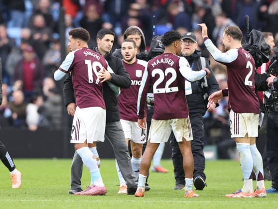 Mikel Arteta (Arsenal manager) congratulates Villa players at the final whistle at the Aston Villa v Arsenal EPL match, at Villa Park, Birmingham, UK on 6th December, 2025. 