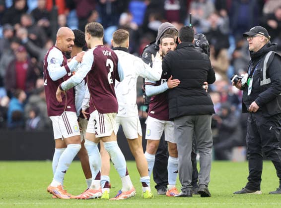 Mikel Arteta (Arsenal manager) congratulates Emiliano Buendia (AV) at the Aston Villa v Arsenal EPL match, at Villa Park, Birmingham, UK on 6th December, 2025. 